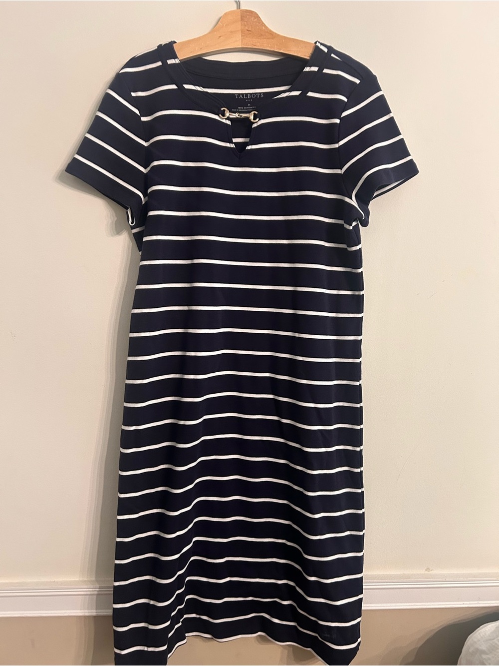 Talbots Navy and White Striped Midi Dress with Gold Tone Accent